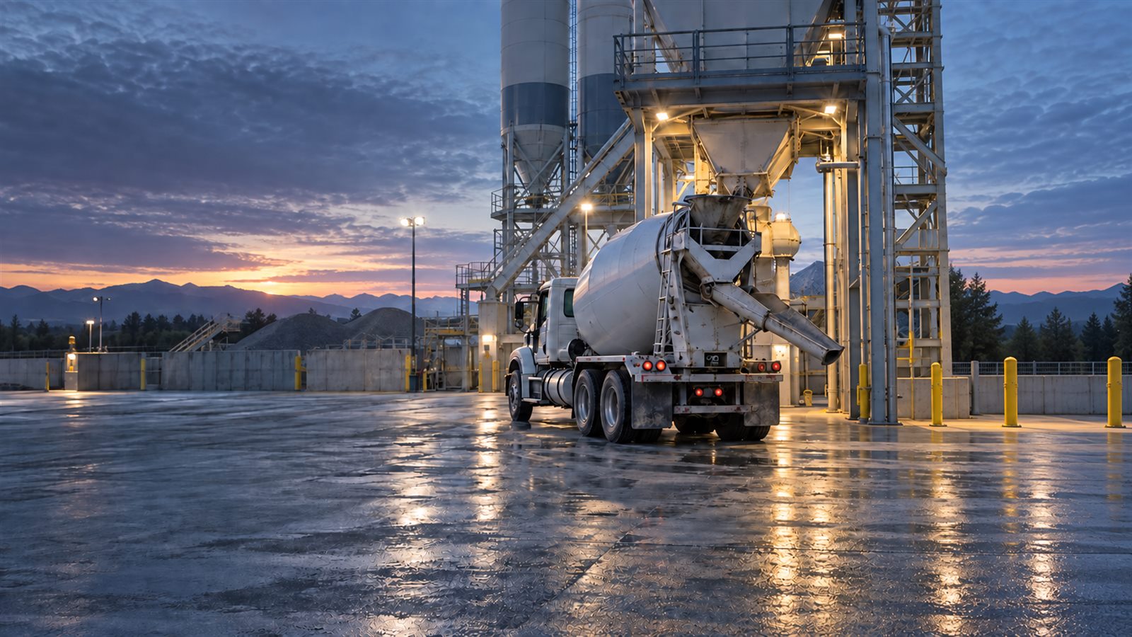 Concrete batching plant at dawn with a ready-mix truck