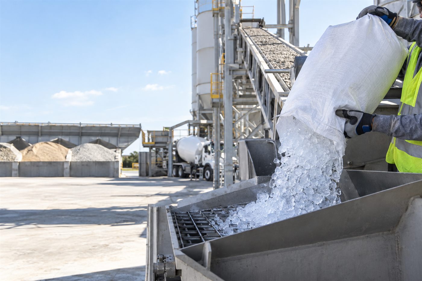 Crushed ice being added at a concrete batching plant